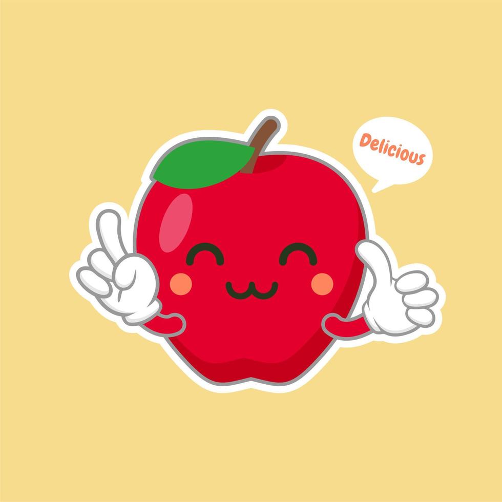 lindo y kawaii personaje de manzana con cara graciosa. emoji de manzana de dibujos animados lindo feliz. Ilustración de vector de carácter de comida vegetariana saludable