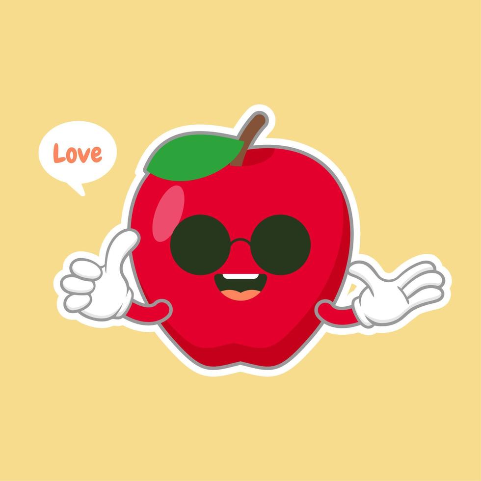 lindo y kawaii personaje de manzana con cara graciosa. emoji de manzana de dibujos animados lindo feliz. Ilustración de vector de carácter de comida vegetariana saludable