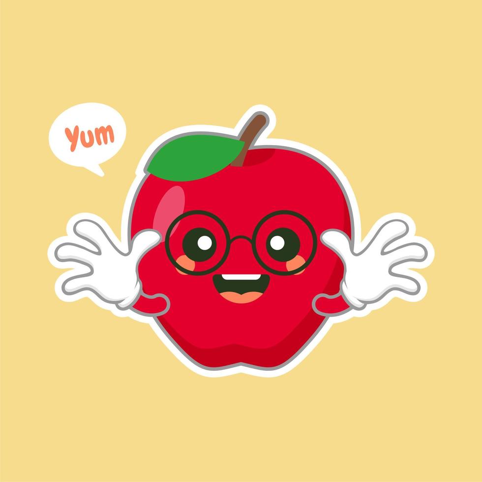 lindo y kawaii personaje de manzana con cara graciosa. emoji de manzana de dibujos animados lindo feliz. Ilustración de vector de carácter de comida vegetariana saludable