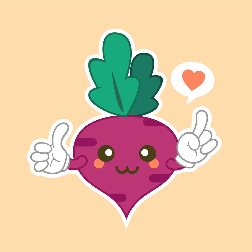 Beetroot character flat design. Isolated cartoon purple beetroot with kawaii face on color background. Colorful friendly purple beet vegetable. Cute design For vegetarian, vegan product. vector