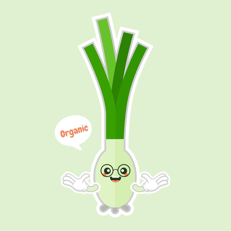 ilustración de dibujos animados de vegetales de puerro sonriente kawaii. cebolletas sobre fondo de color. ilustración de dibujos animados de verduras de puerro sonriente vector