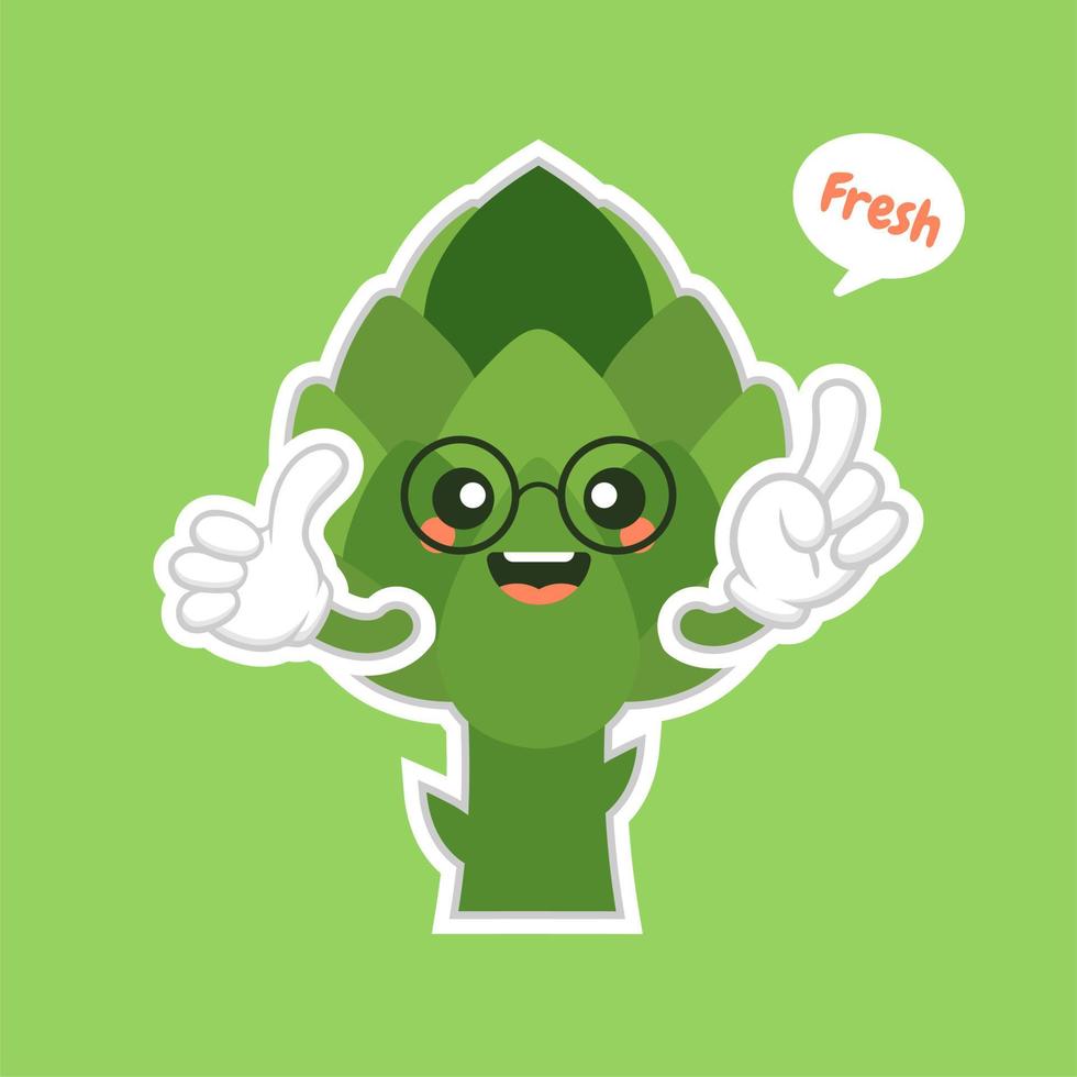 cute and kawaii artichoke Cartoon Vegetable Food Character Emoji Vector Illustration. healthy food, nutrients, diet. Vitamins and minerals. Health benefits of vegetable. Funny character.