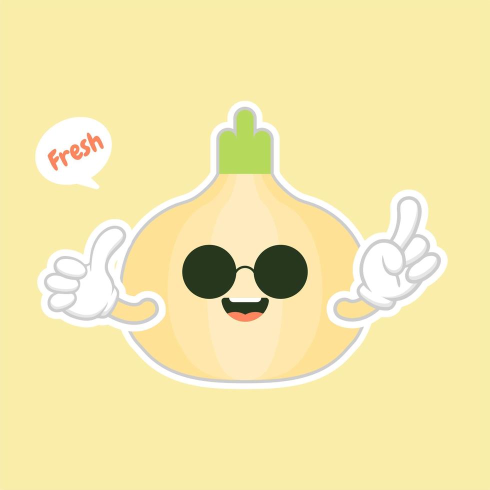 Onion. Cute vegetable vector character set isolated on color background. Funny and healthy food. Vitamins contained in onion. Food with cute face. Vector cartoon.