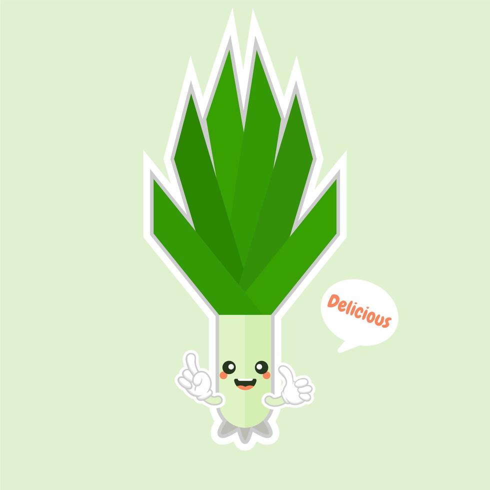 lindo personaje de dibujos animados de cebollín. Ilustración de dibujos animados de vegetales de puerro sonriente kawaii vector