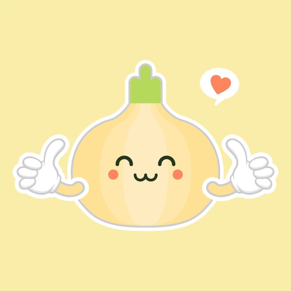 Onion. Cute vegetable vector character set isolated on color background. Funny and healthy food. Vitamins contained in onion. Food with cute face. Vector cartoon.