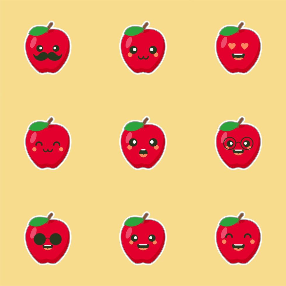 lindo y kawaii personaje de manzana con cara graciosa. emoji de manzana de dibujos animados lindo feliz. Ilustración de vector de carácter de comida vegetariana saludable