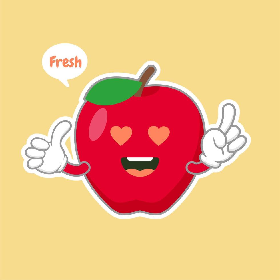 lindo y kawaii personaje de manzana con cara graciosa. emoji de manzana de dibujos animados lindo feliz. Ilustración de vector de carácter de comida vegetariana saludable