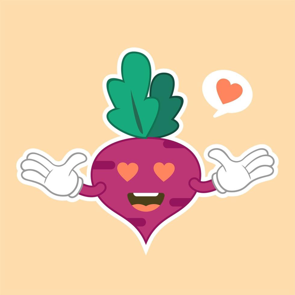 Cute beet character with face. Kawaii doodle beet isolated on color background. Stock vector illustratio. funny happy cartoon red beet vegetable character