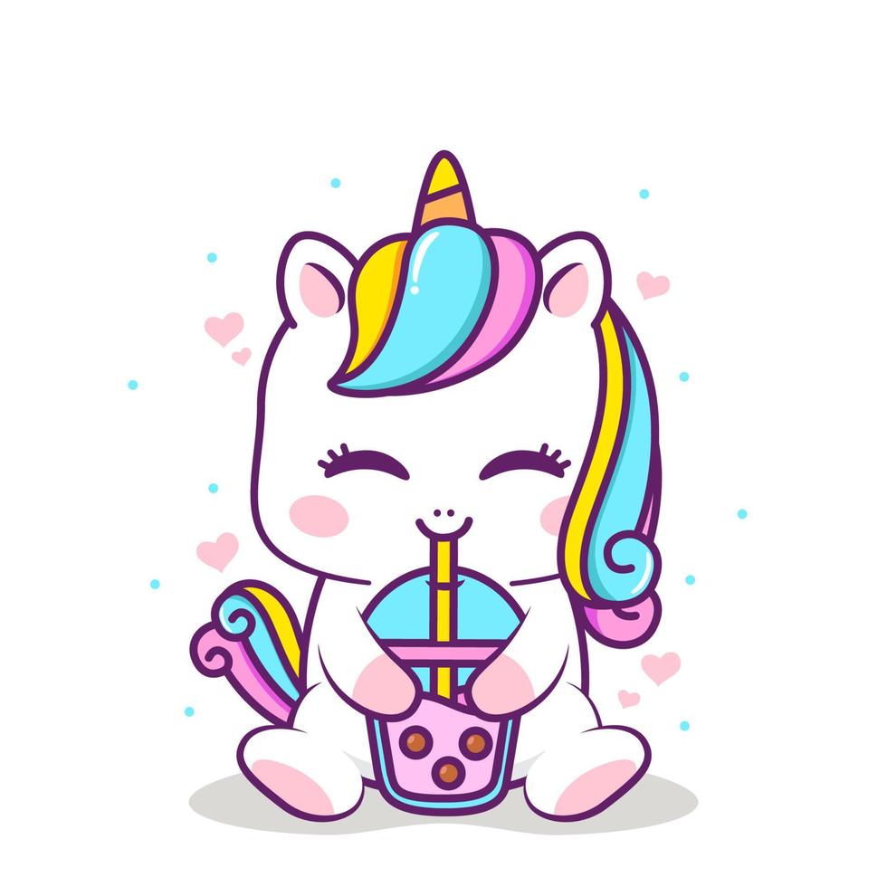 cute unicorn hugging bubble tea vector