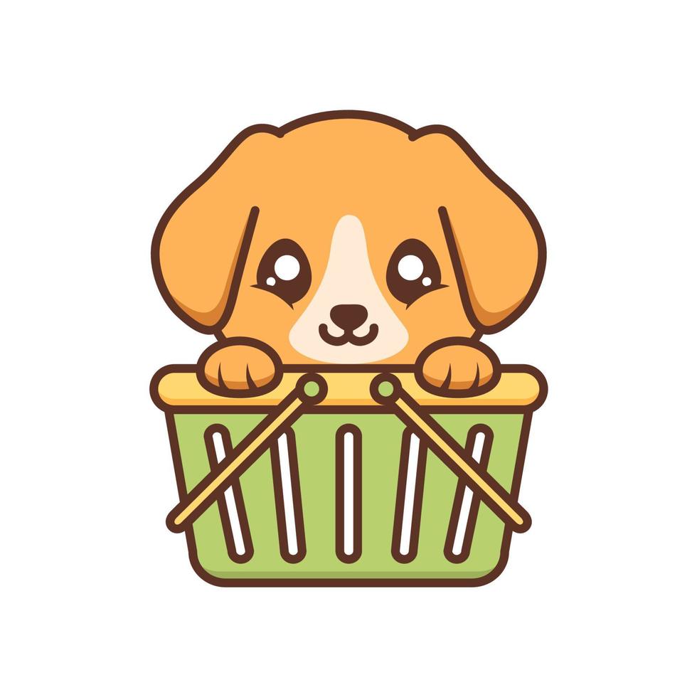 cute puppy inside shopping basket vector