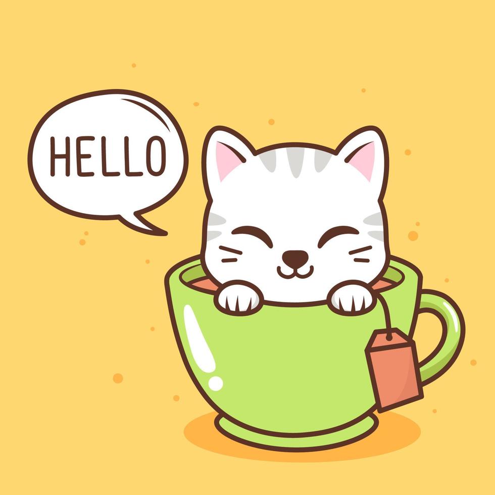 lindo gato dentro de la taza de té vector