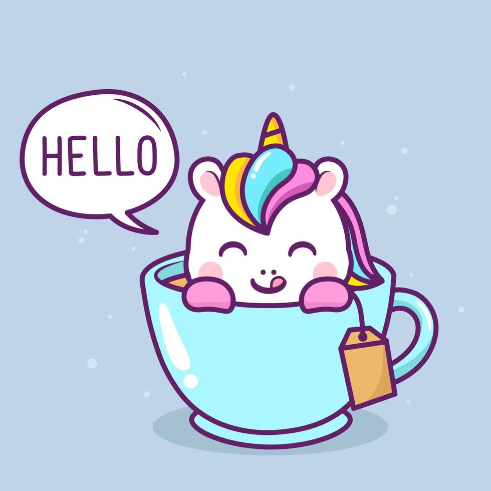 cute happy unicorn inside blue cup vector