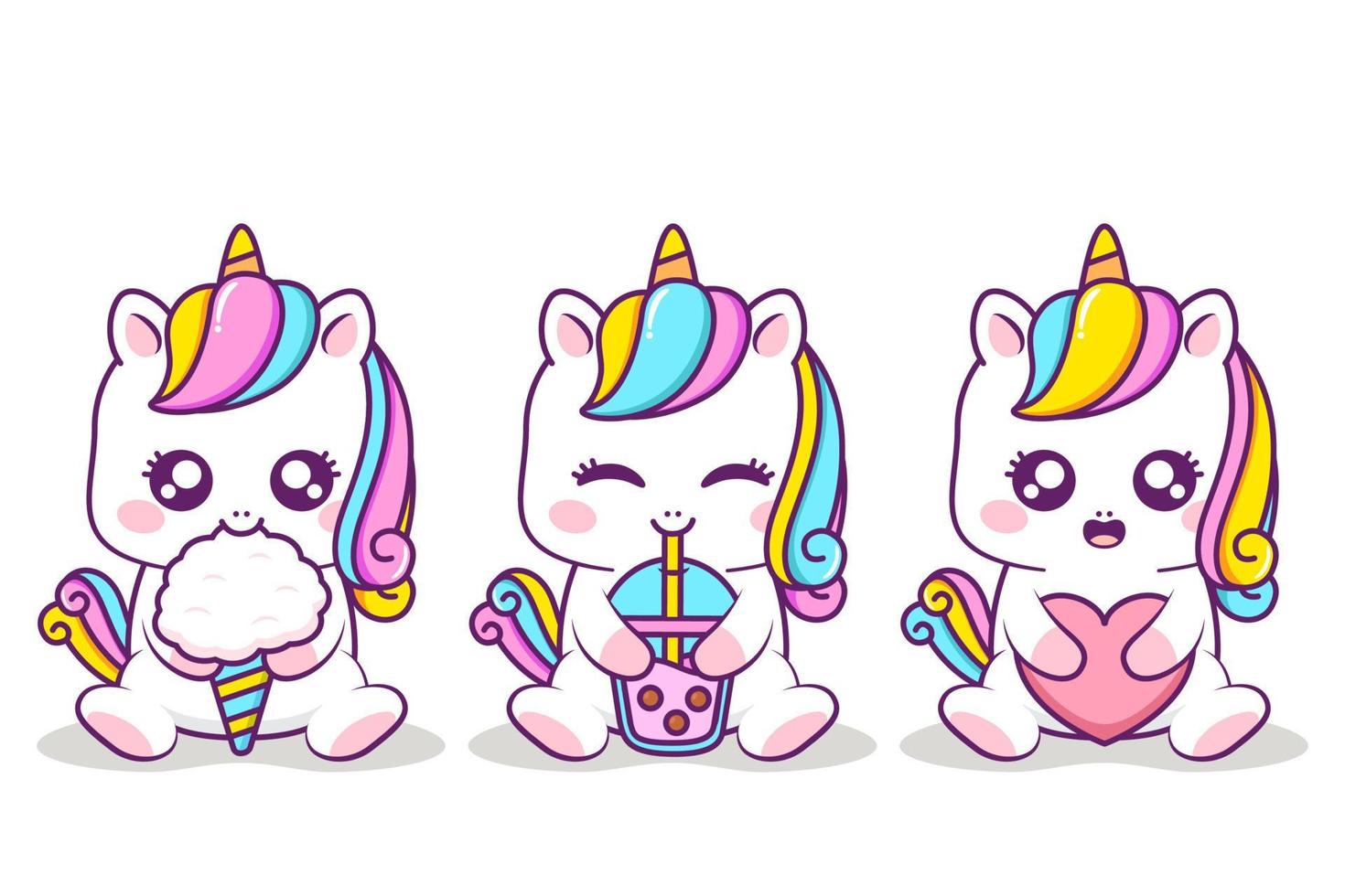 lindo unicornio abrazando diferentes artículos vector