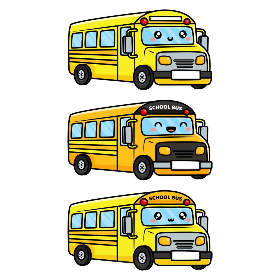 lindo juego de caracteres de autobús amarillo feliz vector