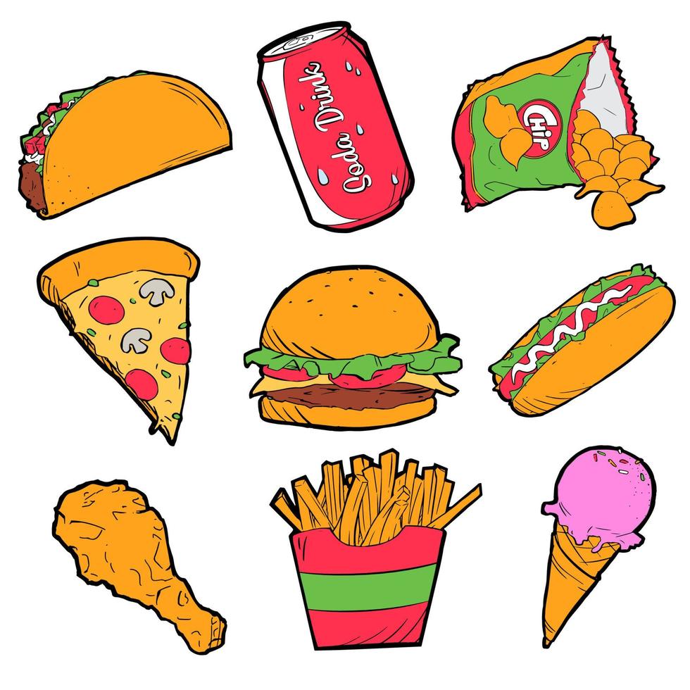 hand drawn colorful junk food icon vector