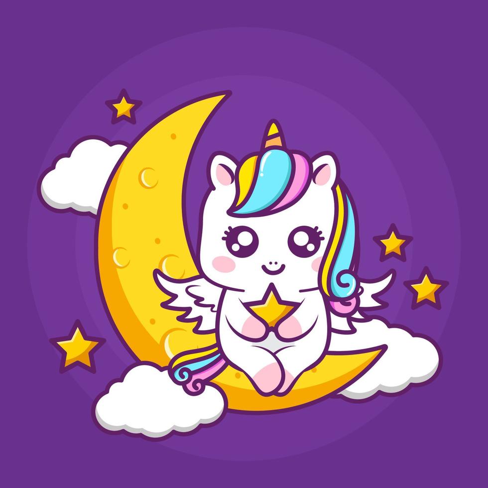 lindo unicornio abrazando un corazón en la luna vector