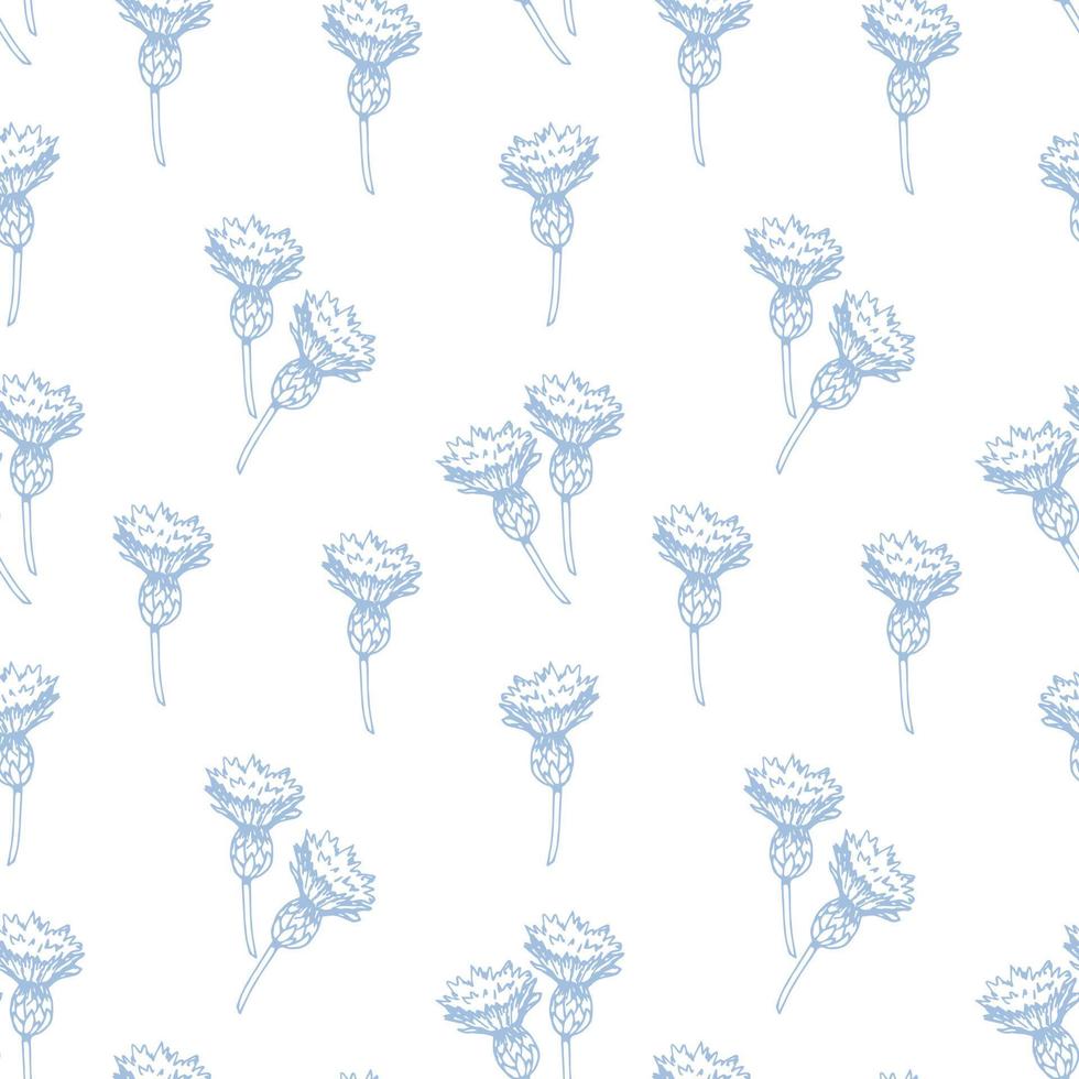 Light delicate floral vector seamless pattern. Sky blue buds of cornflower on a white background. Wildflowers, rural style. For prints of fabric, textile product, bedding, clothes.