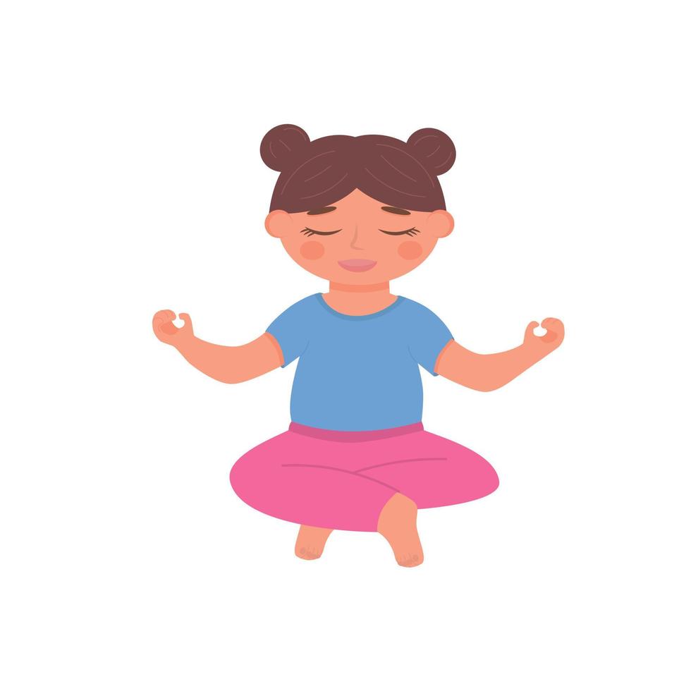 Cute girl child meditating in lotus pose . Yoga child concept. Vector illustration isolated on white background.