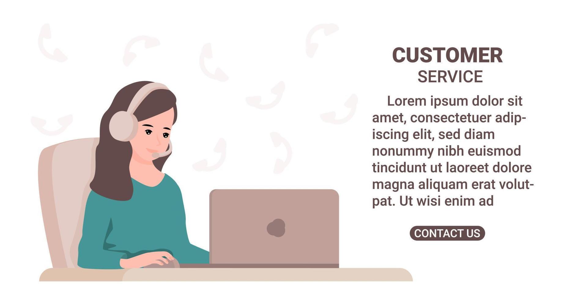 mujer sonriente con auriculares y micrófono sentado frente a la computadora portátil. concepto de servicio al cliente. buen diseño para asistencia, llamada en línea y centro de soporte. vector