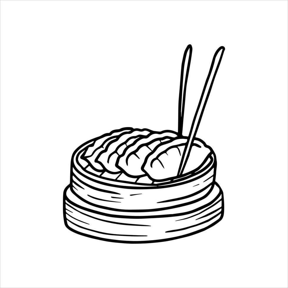 Hand drawn vector illustration of dimsam icon in wooden dish in sketch style. Cute illustration of Chinese cuisine element on white background.
