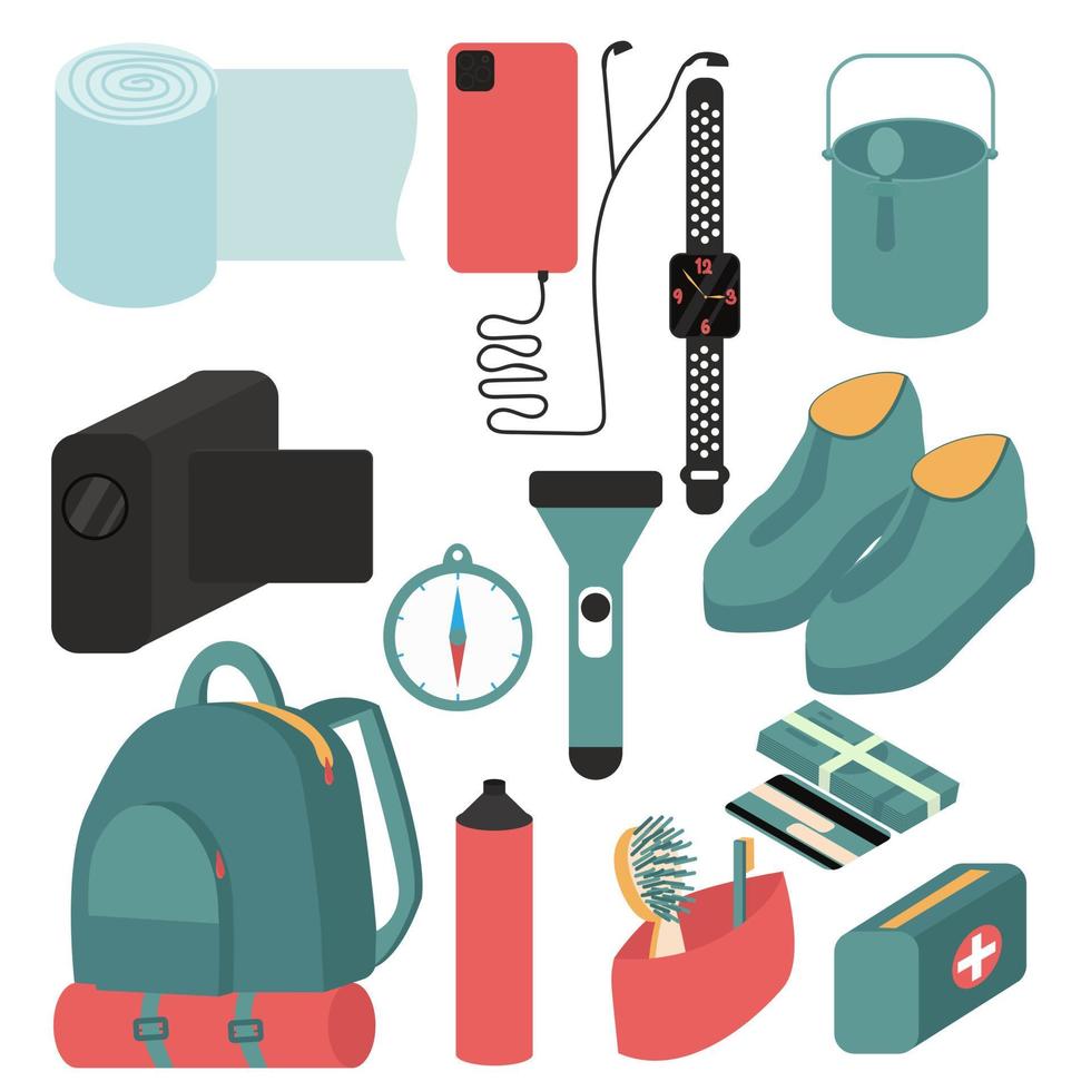 Tourism items set compass, watch, camera, bottle, shoes vector illustration