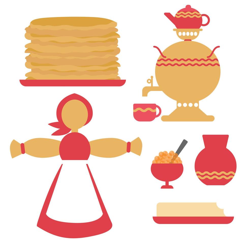 Shrovetide items set pancakes, caviiar, honey vector illustration