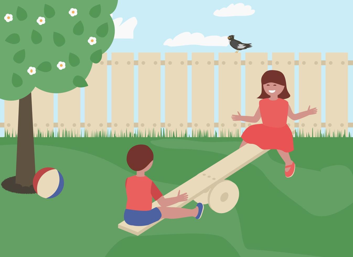 Happy boy and girl riding seesaw outdoor. Children having fun flat vector illustration.