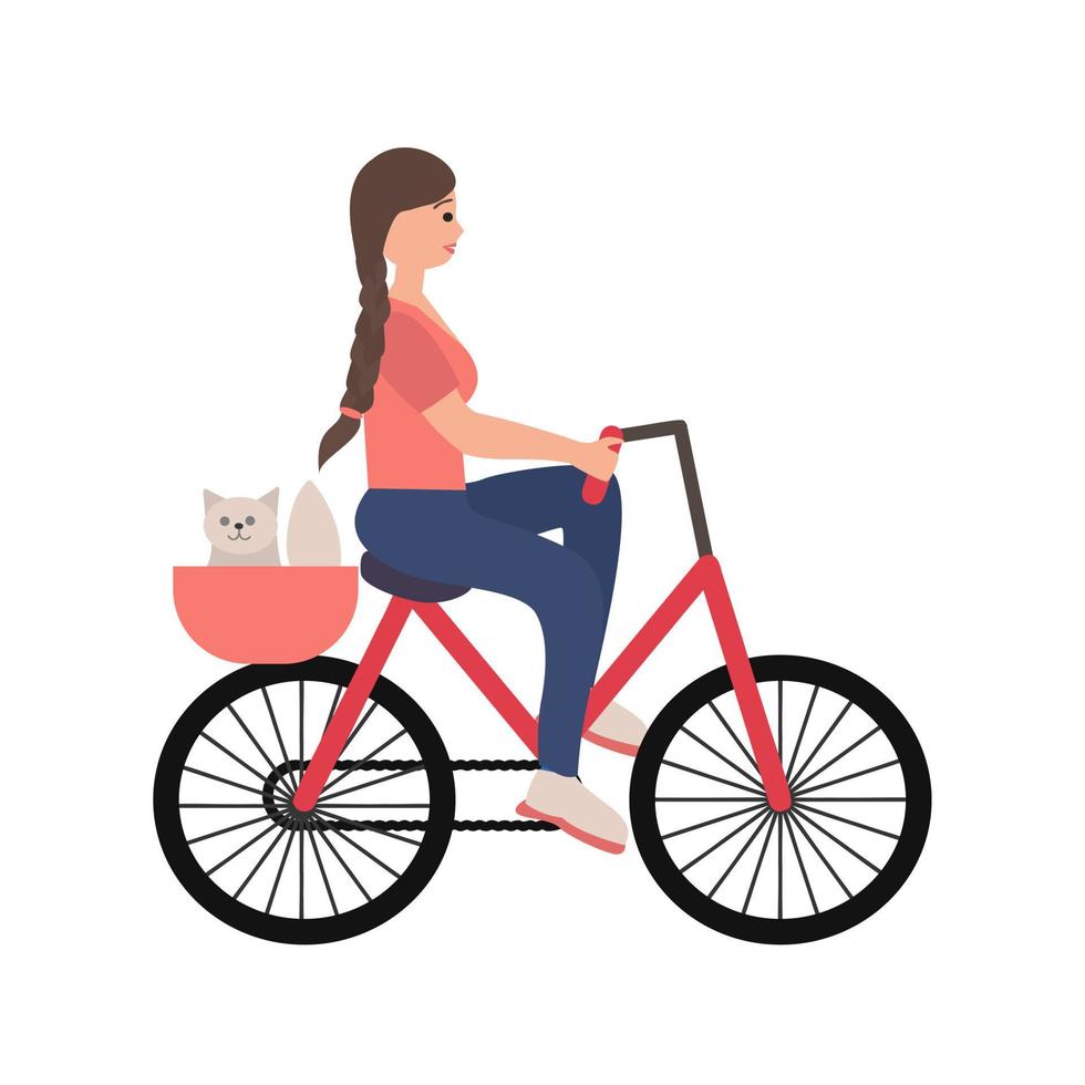 Young woman on bike with her cat vector illustration