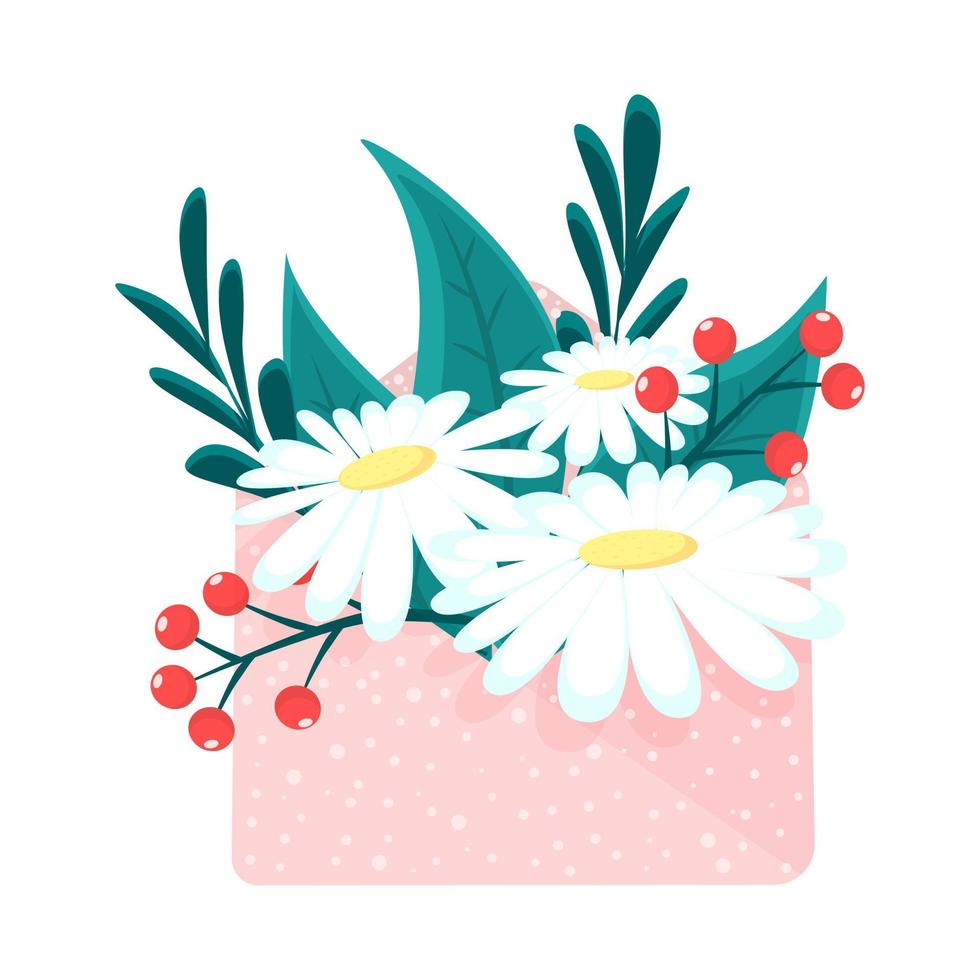 hermosas flores dentro del sobre festivo. ramo de flores de primavera. concepto de carta feliz en estilo plano. vector