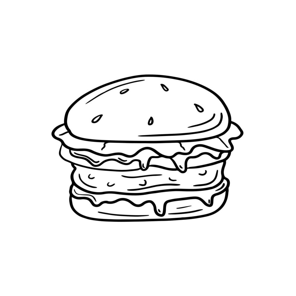 ilustración vectorial dibujada a mano del icono de hamburguesa en estilo boceto. Linda ilustración de elemento de comida rápida sobre fondo blanco. vector