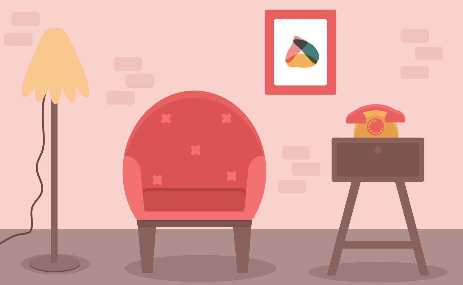 Cute interior desing. Comfortable armchair, lamp, picture and stand vector illustration