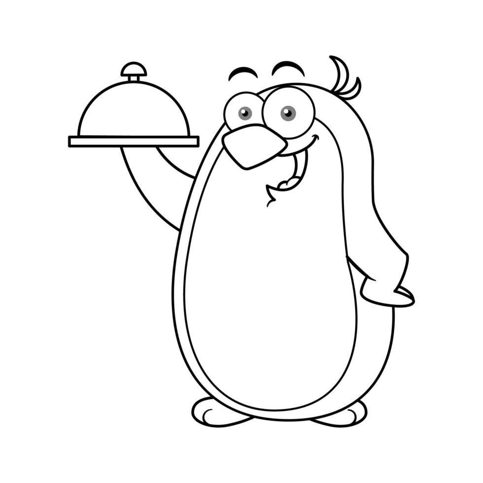 Cartoon Penguin Mascot Character Holding Plate Outline vector