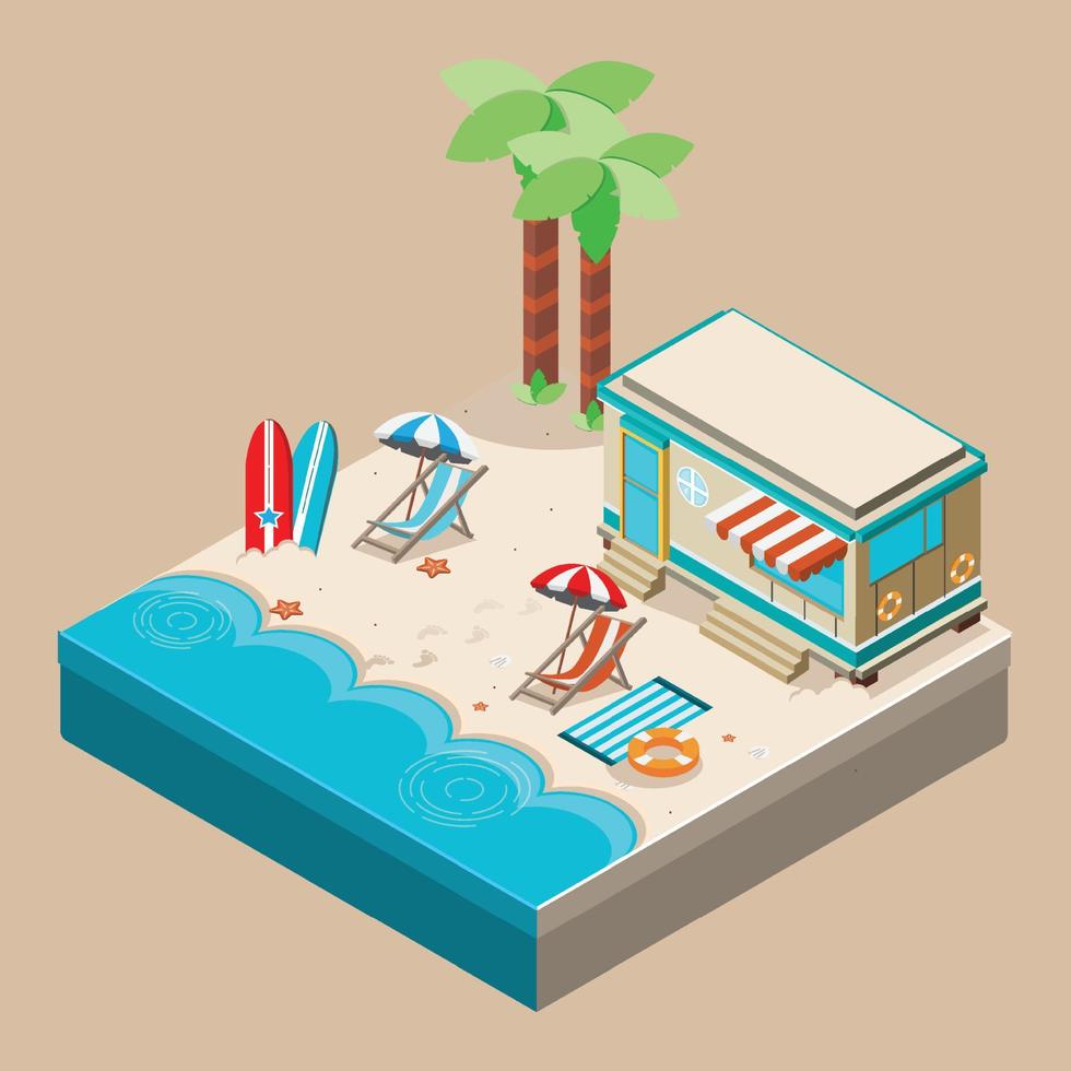 Isometric 3D tourism Island with palm trees, swimming pool, sunbeds, hotel. Paradise resort with beaches, an ocean for relaxation. vector