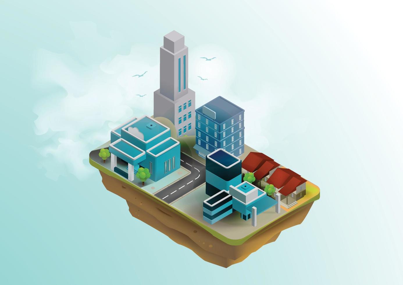 Isometric city with modern and historic buildings, streets, and birds light blue background vector