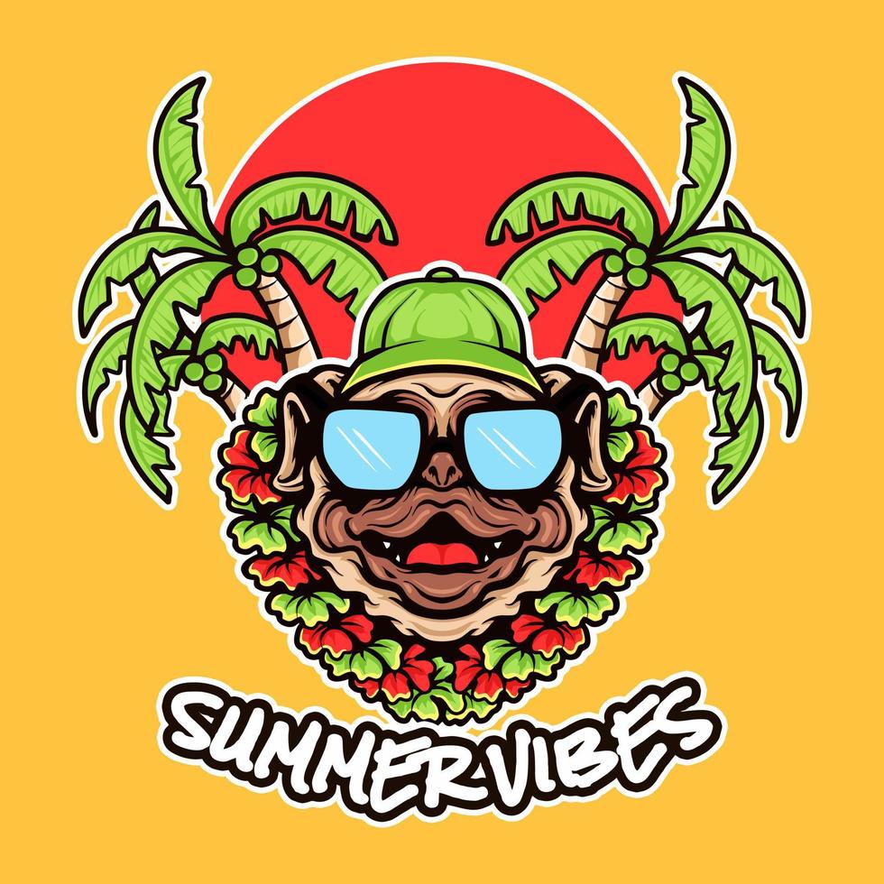 Pug Dog Head Summer Vibes Vector Illustration