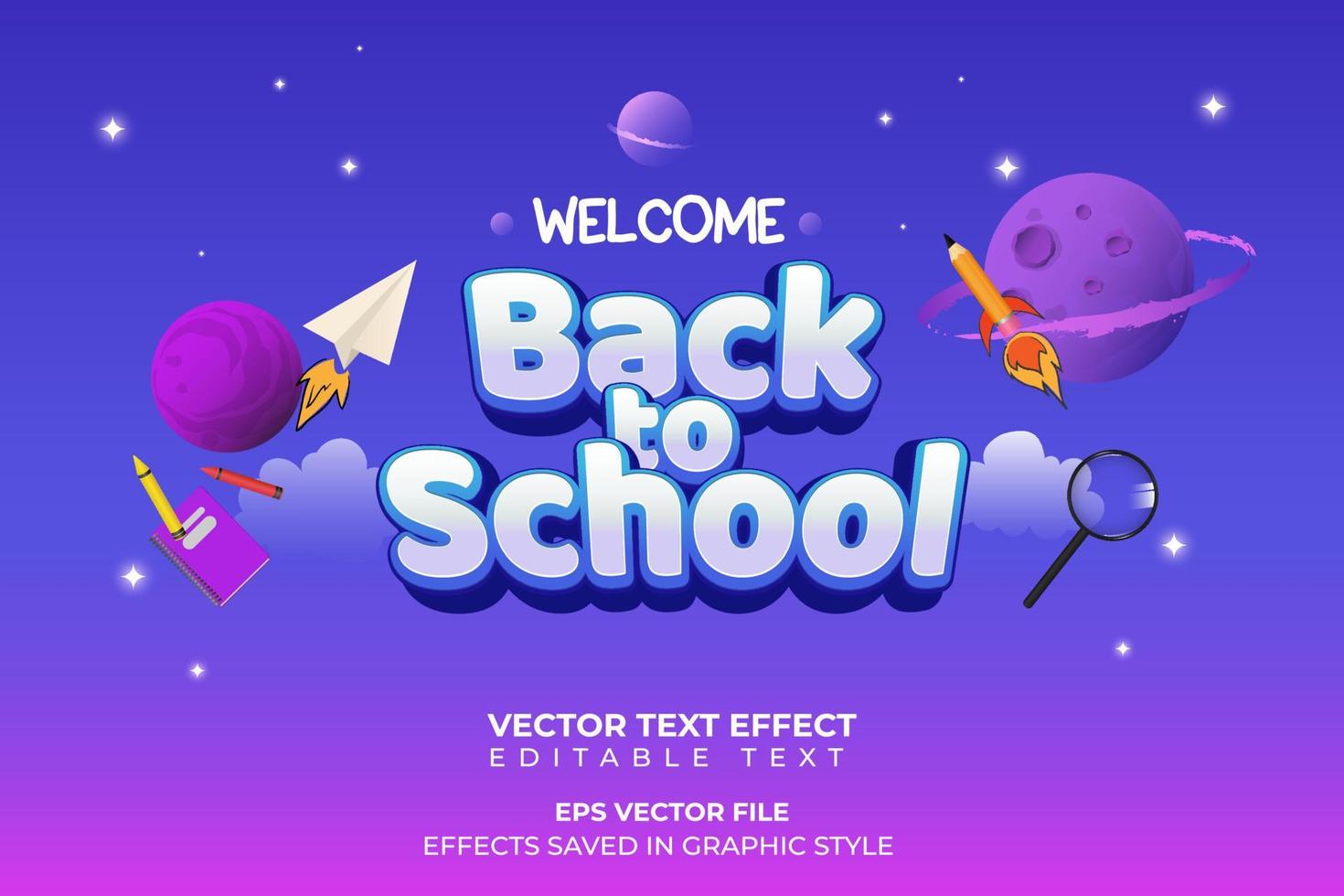 welcome back to school with space and planet background. editable text effect. vector