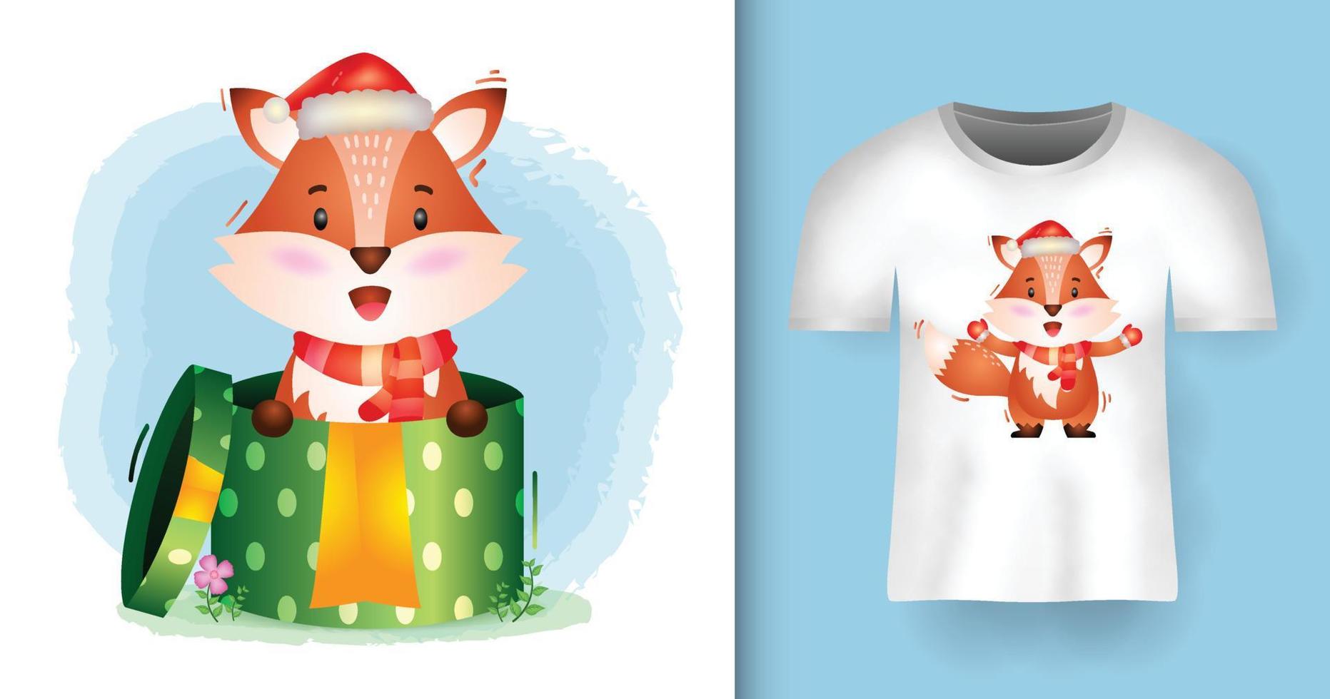 lindos personajes navideños de zorro usando gorro de Papá Noel y bufanda en la caja de regalo con diseño de camiseta vector