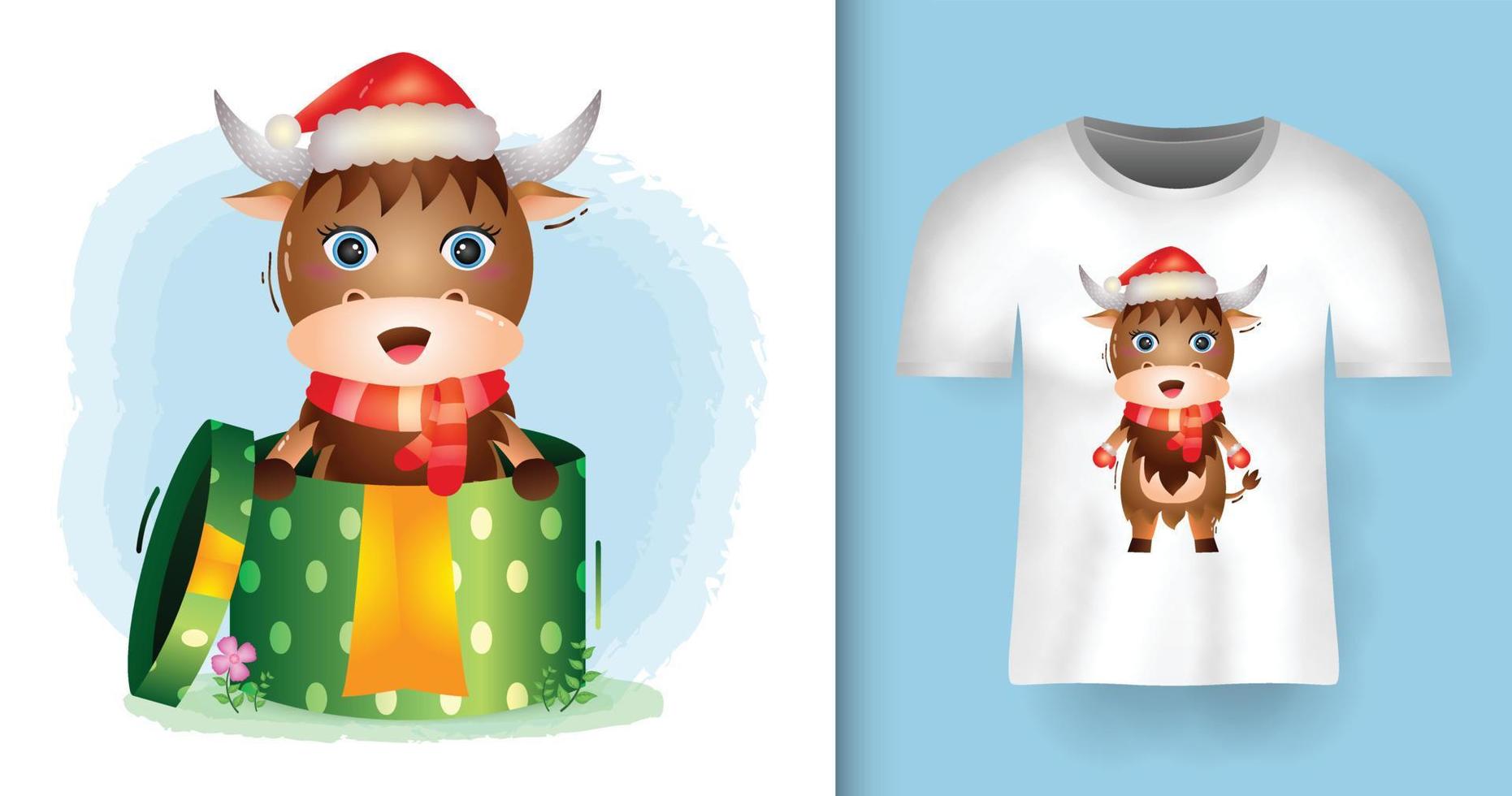 lindos personajes navideños de búfalo usando gorro de Papá Noel y bufanda en la caja de regalo con diseño de camiseta vector