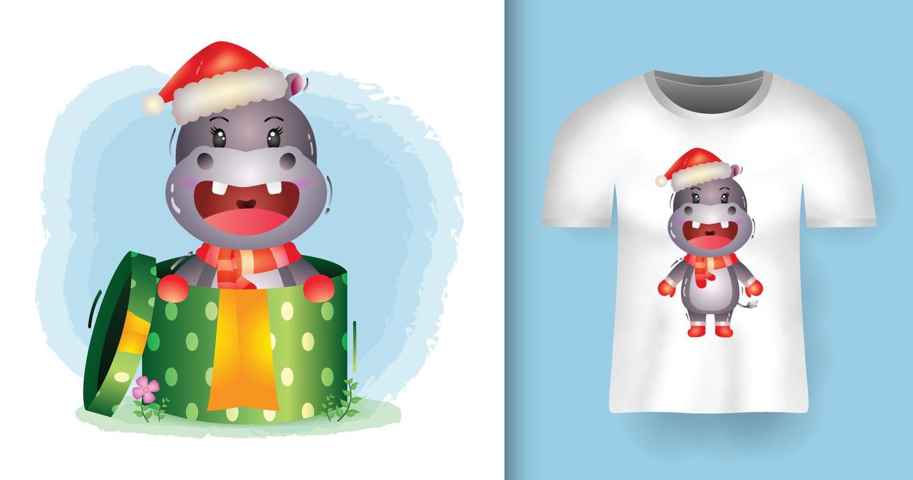lindos personajes navideños de hipopótamo usando gorro de Papá Noel y bufanda en la caja de regalo con diseño de camiseta vector