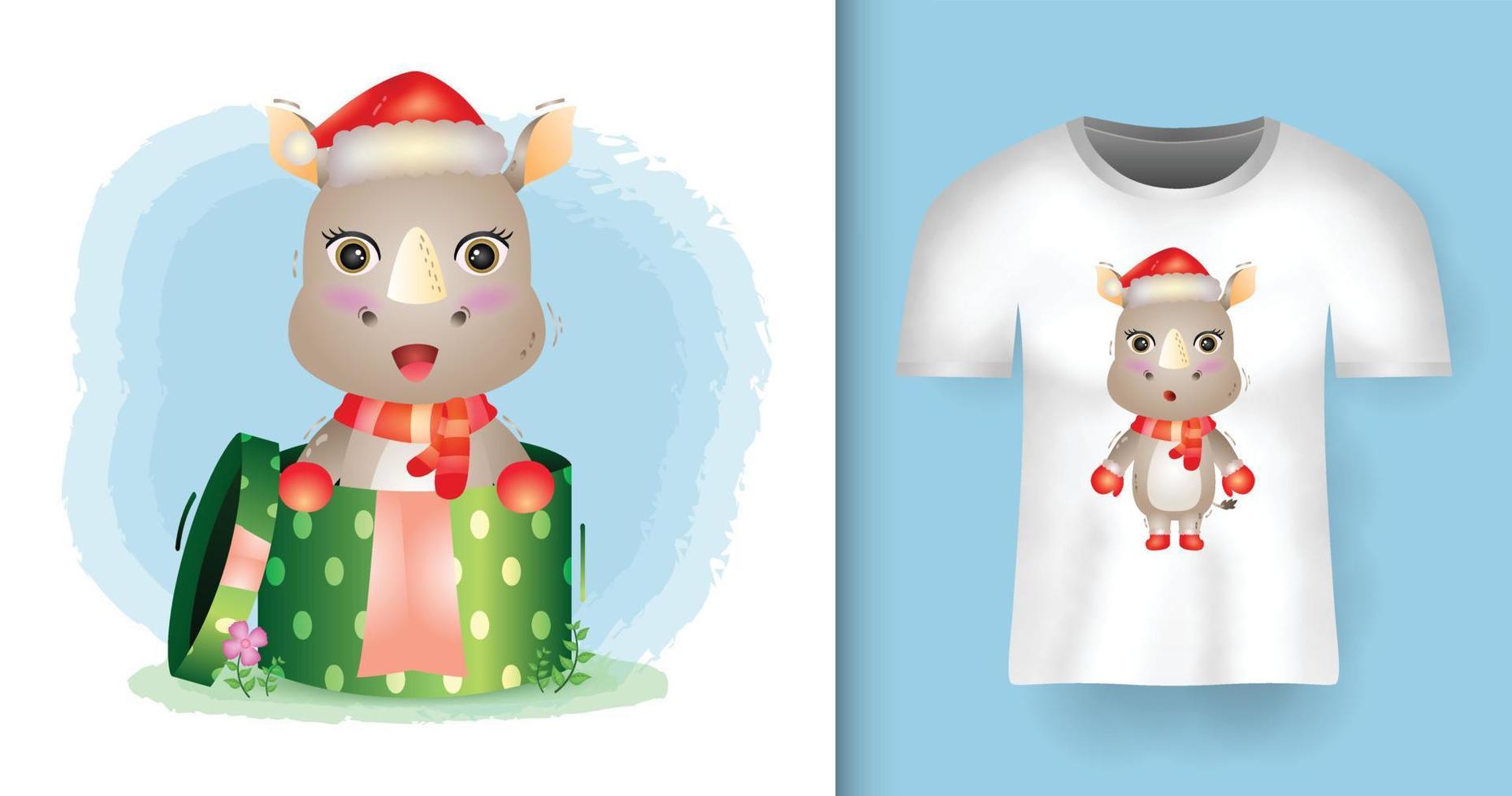 lindos personajes navideños de rinoceronte usando gorro de Papá Noel y bufanda en la caja de regalo con diseño de camiseta vector