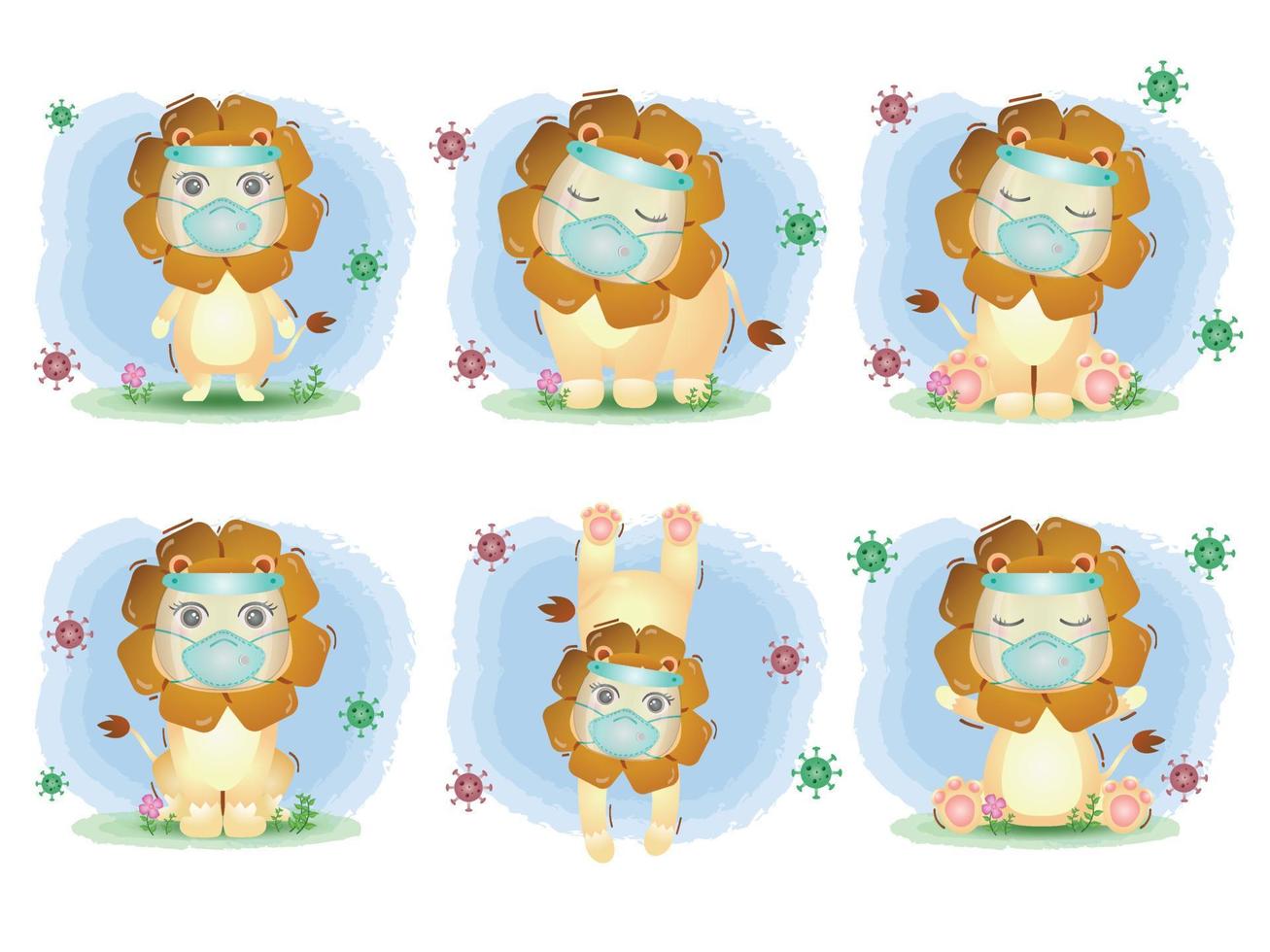 cute lions using face shield and mask collection vector