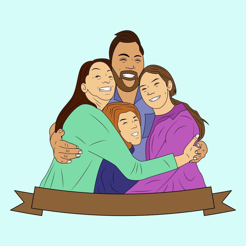 Happy family. Father, mother, two daughters. Parents keep their children's hands. Vector illustration in flat style