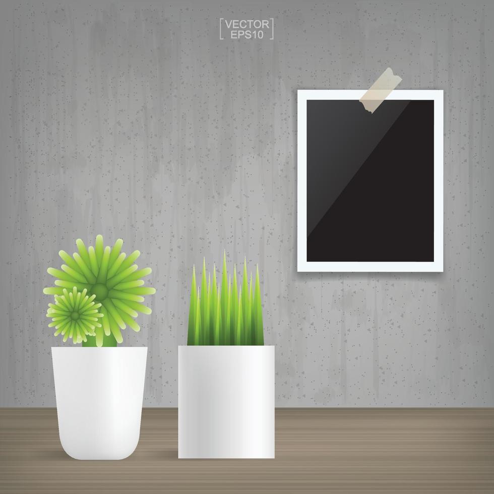 Planta de decoración y marco de fotos en blanco en el fondo del espacio interior vintage. vector. vector