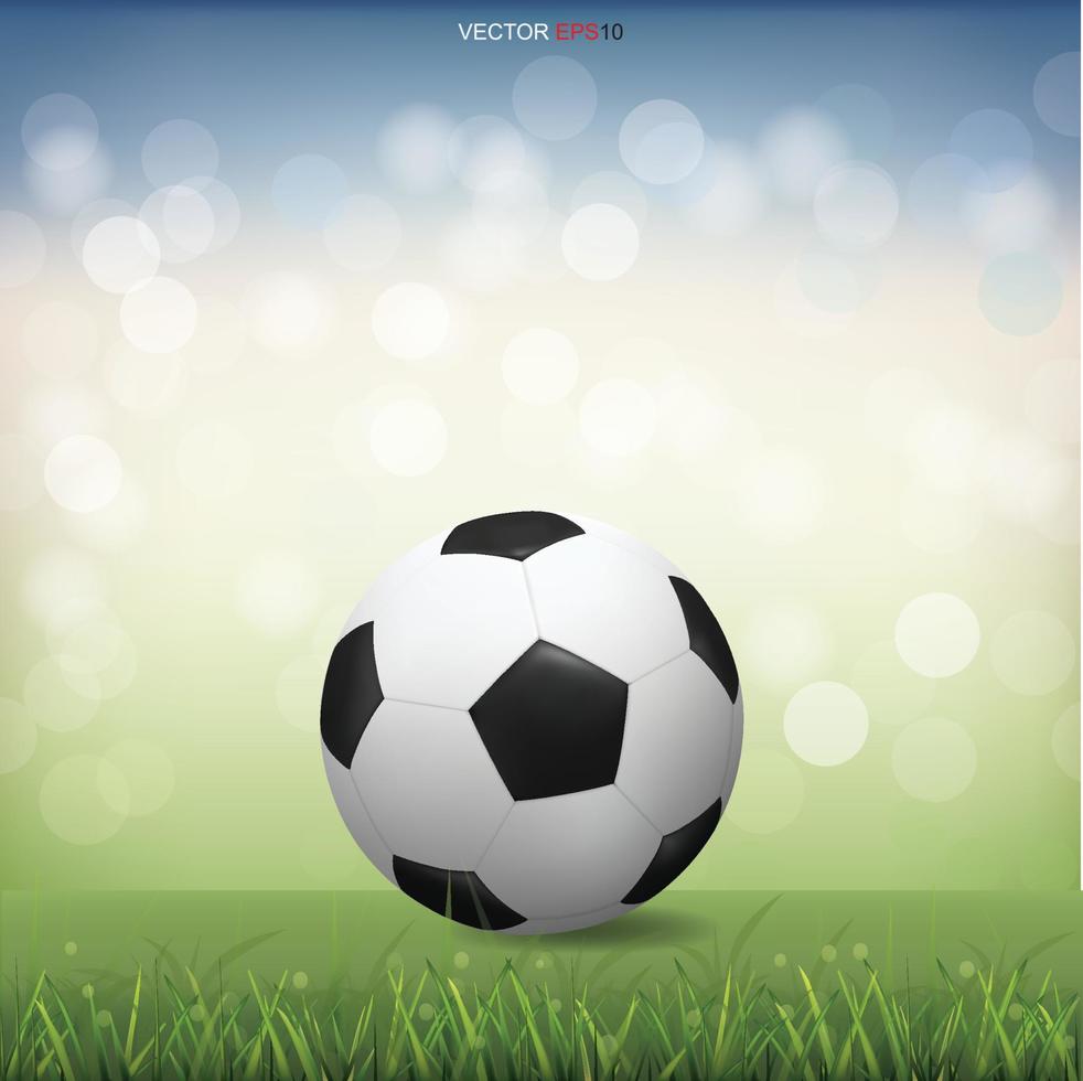 Soccer football ball on green grass field with light blurred bokeh background. Vector. vector