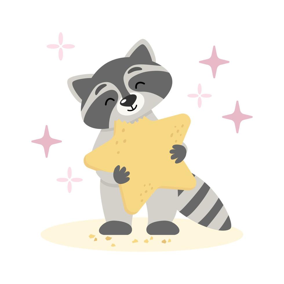 lindo mapache sostiene una galleta con forma de estrella. divertido diseño de personajes de animales de dibujos animados. ilustración aislada de vector plano para sala de guardería, ropa para niños, tarjetas de felicitación, afiche, invitación