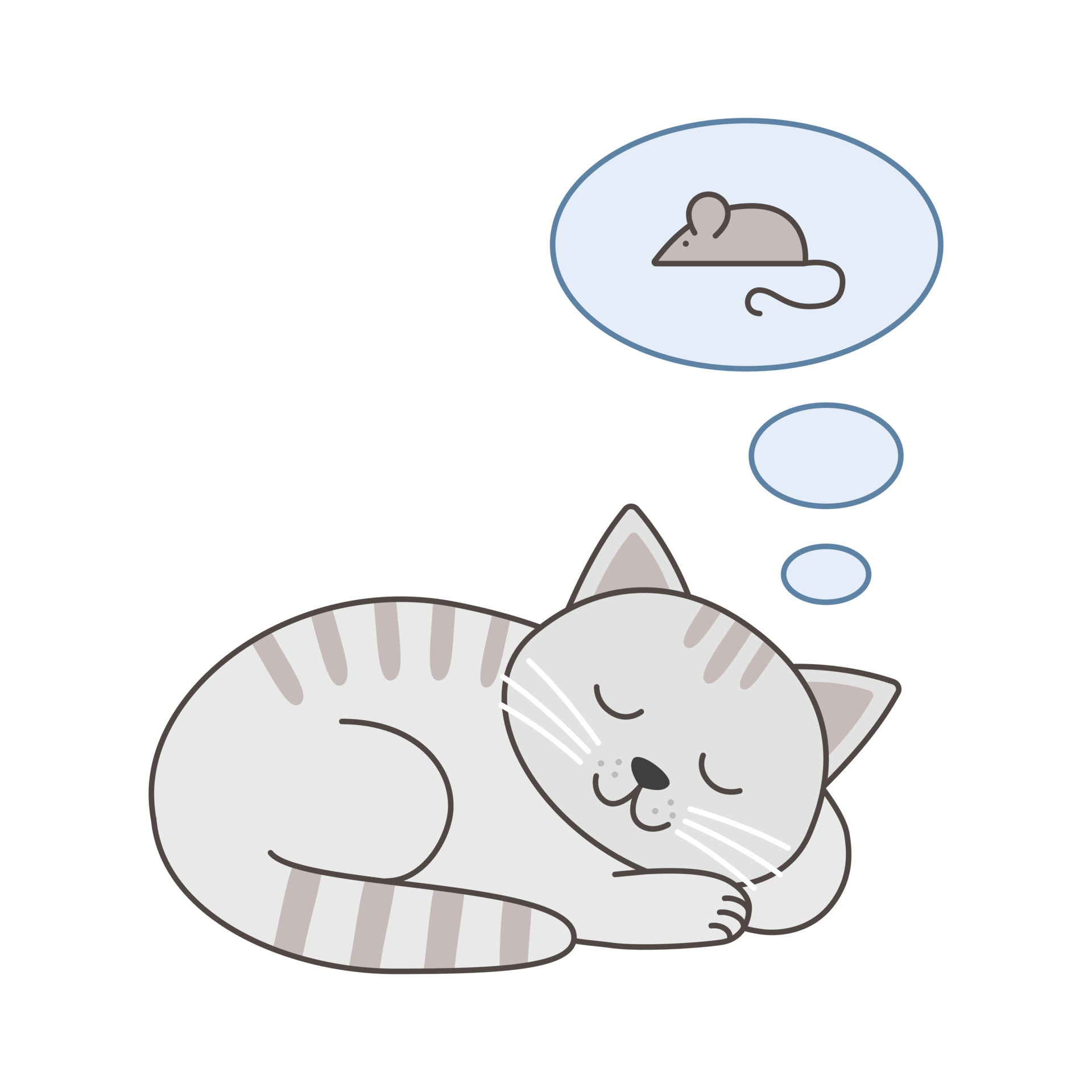 Cute cat sleeping and dreaming about mouse. Funny cartoon animal character design. Flat vector