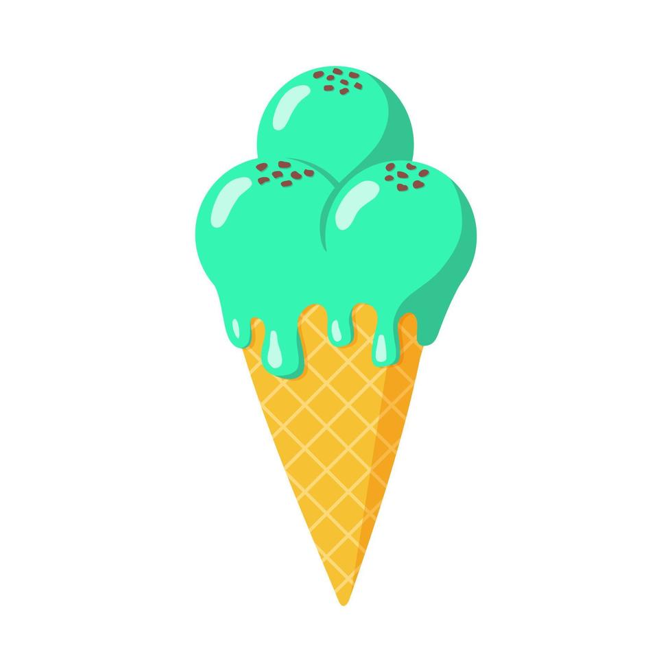 Mint melting ice cream in waffle cone with chocolate chips on top. Flat style Isolated vector illustration for web design or print