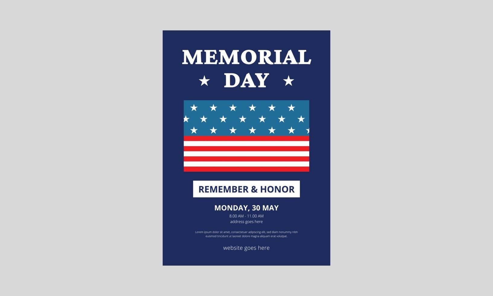 Memorial Day Flyer Template Design. Memorial Day poster templates Vector illustration. USA flag with blue star frame. Cover, A4 Size, Flyer design