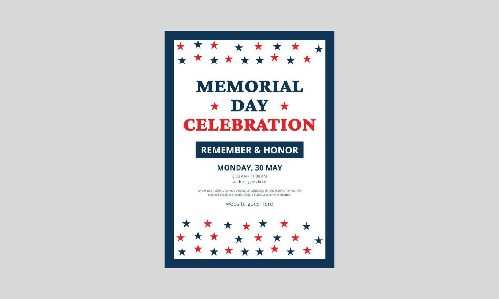 Memorial Day Flyer Template Design. Memorial Day poster templates Vector illustration. USA flag with blue star frame. Cover, A4 Size, Flyer design