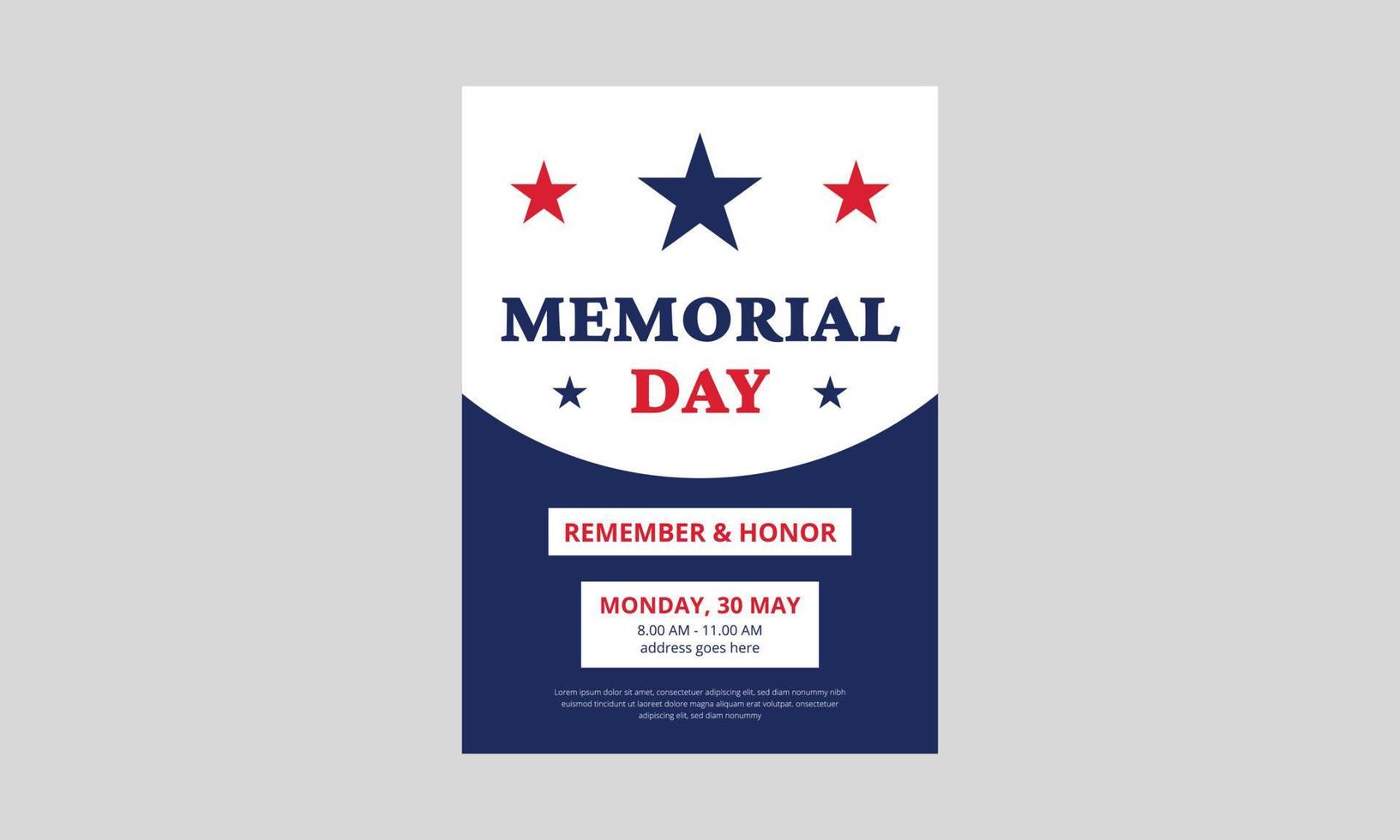 Memorial Day Flyer Template Design. Memorial Day poster templates Vector illustration. USA flag with blue star frame. Cover, A4 Size, Flyer design